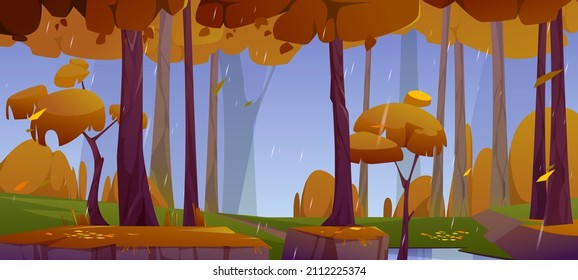 Rain in autumn forest with brown trees, fall leaves, puddle and path. Dull fall wood nature landscape, natural background, wild place with plants and grass at rainy day, Cartoon vector illustration
