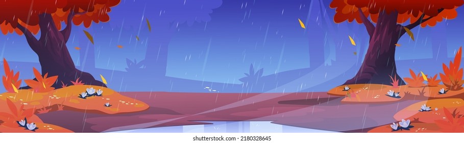 Rain in autumn forest, wild nature landscape. Cartoon fall wood background with puddle and yellow bushes under orange trees with falling leaves and water shower falling from sky Vector illustration