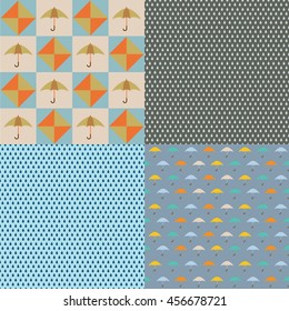 rain background, drops, rainy day, umbrellas, a pattern of umbrellas and raindrops, vector seamless texture of rain with umbrellas