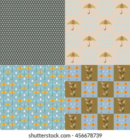 rain background, drops, rainy day, umbrellas, a pattern of umbrellas and raindrops, vector seamless texture of rain with umbrellas
