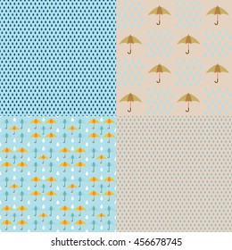 rain background, drops, rainy day, umbrellas, a pattern of umbrellas and raindrops, vector seamless texture of rain with umbrellas
