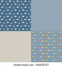 rain background, drops, rainy day, umbrellas, a pattern of umbrellas and raindrops, vector seamless texture of rain with umbrellas