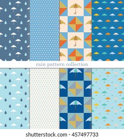 rain background, drops, rainy day, umbrellas, a pattern of umbrellas and raindrops, vector seamless texture of rain with umbrellas