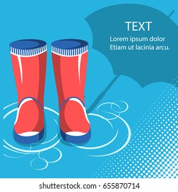 Rain background.Red rubber boots with umbrella for text