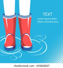 Rain background.Human legs in red rubber boots for text