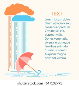 Rain background.Vector illustration with stylish flat clouds and umbrella for text