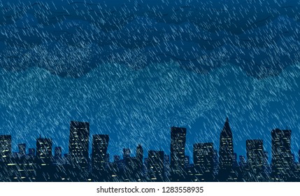 Rain in big city. Vector illustration. 