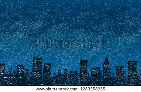 Rain in big city. Vector illustration. 