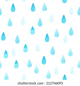 Rain blue seamless vector watercolor pattern, rainy isolated background