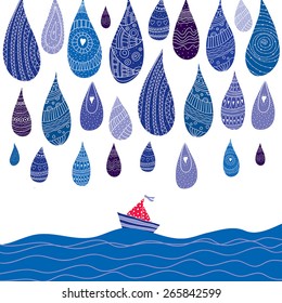 Rain and boat. Vector illustration.