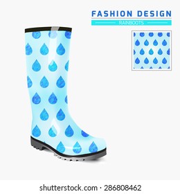 Rain boot trendy design concept. Fashion illustration. Creative rubber boots design template. Original seamless Rain Drops pattern is complete masked & presented separately. Layered, editable vector