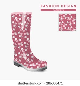 Rain boot trendy design concept. Fashion illustration. Creative rubber boots design template. Seamless Sakura pattern is complete masked & presented separately. Eps10 contains the pattern swatch.