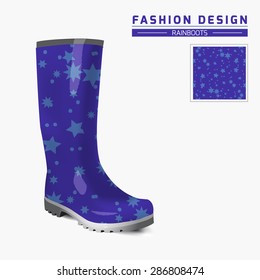 Rain boot trendy design concept. Fashion illustration. Creative rubber boots design template. Seamless Blue Star pattern is complete masked & presented separately. Vector is layered, editable 