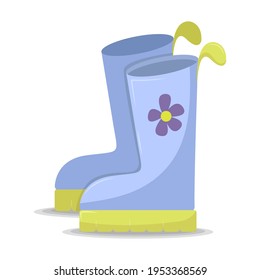 Rain boots blue with flower isolated on white background