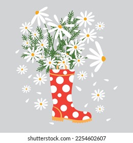 Rain boots with chamomile, vector illustration, summer flowers.