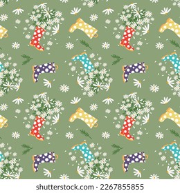Botas de lluvia con camomila, ilustración vectorial, flores de verano. Patrón sin foco. Fondo de verano de primavera para textiles.