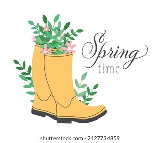 Rain boots with flowers and leaves. Bouquet flowers in rubber boots isolated on white. Flowers in wellies banner. Hand drawn spring print, card, poster. Spring and easter holiday concept.