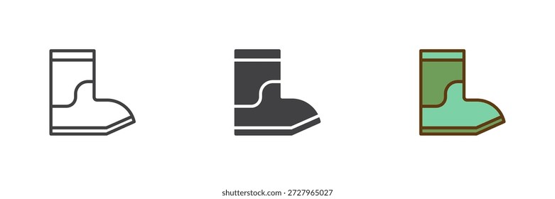 Ícone de botas de chuva definido em linha, sólido e preenchido esboço colorido estilo. Ícone de botas impermeáveis de outono, sinal de vetor de cor e símbolo.