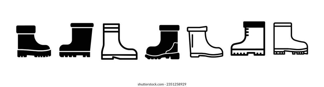 icono de línea de arranque de lluvia en blanco, ilustración vectorial de botas de goma. colección de iconos de arranque de goma. icono del calzado impermeable, zapatos de botas de vaquero, zapatillas, zapatos, calzado de botas 