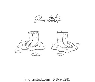 Rain boots outline vector illustration simple logo. Boot fashion and modern autumn waterproof feet decoration. Rubber high shoes silhouette simple line drawing cartoon with letters title text symbol.