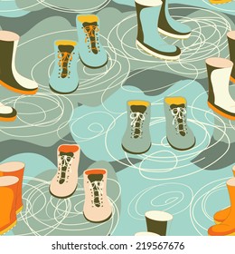 Rain boots in a puddle. Seamless pattern. Vector illustration.