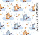 Rain boots seamless pattern with puddles, fall leaves, raindrops. Autumn weather print with cartoon objects. Blue, yellow and brown colors on white background. Vector design for textile, wallpaper.