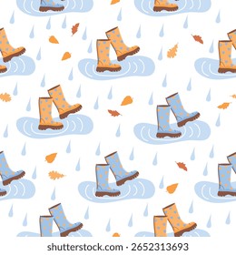 botas de chuva padrão sem costura com poças, folhas de queda, gotas de chuva. Impressão climática de outono com objetos de desenho animado. Cores azul, amarela e marrom no fundo branco. Vetor design para têxtil, papel de parede.