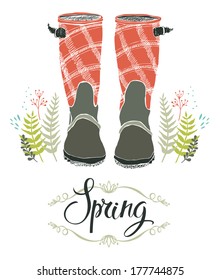 Rain boots and spring forest grass, design card