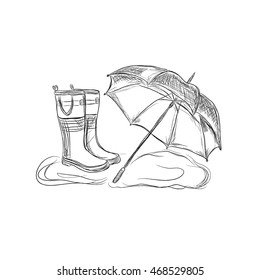 rain boots and umbrella, sketch style, vector illustration
