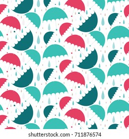 Rain and bright umbrellas seamless pattern. Vector illustration background.