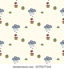 Rain cartoon so cute. On tree flower grass background. Pattern seamless vector illustration. 