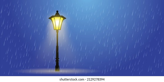 Rain. Cartoon old and classic street lamp or City street lantern. Yellow street light. Evening, dark silhouette lamppost lights. Spotlights or spotlight.