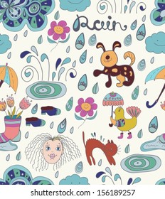 Rain cartoon Seamless background with funny elements, illustration with flowers, animals, drops and woman face, Vector