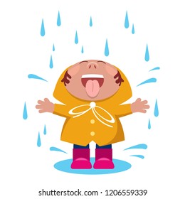 Rain. The child rejoices under the raindrops. The child in a raincoat catches the tongue of a drop of rain. Flat Vector Illustration