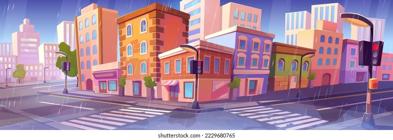 Rain at city crossroad, transport intersection with zebra, traffic lights, street signs. Urban architecture, empty road infrastructure with buildings, market stall, trees, Cartoon vector illustration