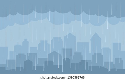 Rain in city landscape. Vector illustration background.