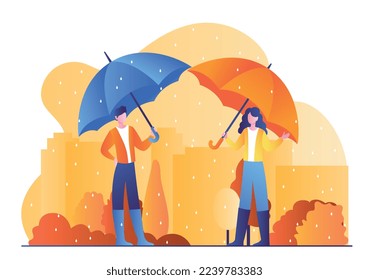 Rain in city. Man and woman stand with umbrellas in park. Autumn season and lipstofall, protection from precipitation. Romantic date outdoors. Poster or banner. Cartoon flat vector illustration