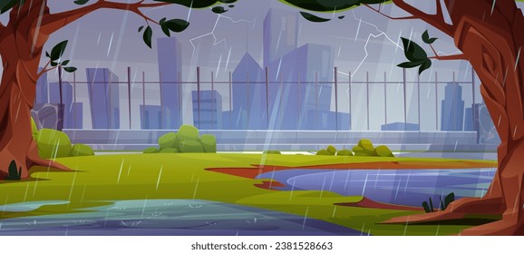 Rain in city park with fence and lake cartoon background scene. Summer public street garden near building in town in rainy weather with lightning. Thunderstorm in outdoor urban environment design