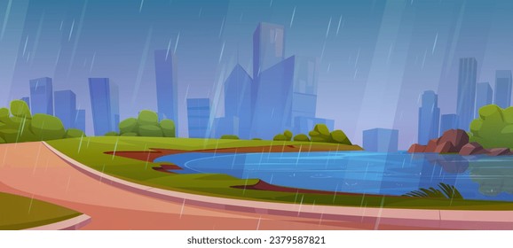 Rain in city park with lake and skyscraper view. Public garden and street scene with nature in town. Singapore backdrop outdoor environment design with river coastal scenery and nobody illustration.