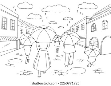 Rain in city street road graphic black white landscape sketch illustration vector