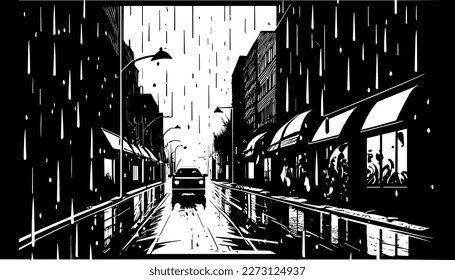 Rain in city vector black line illustration isolated white. Sketch art