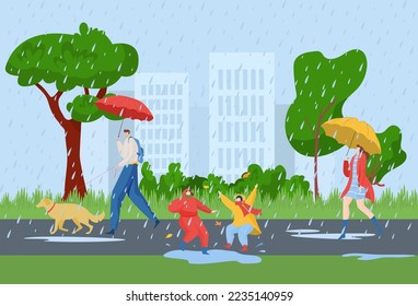 Rain in city, vector illustration, flat people character walk at bad autumn weather, woman man person hold umbrella at rainy season.