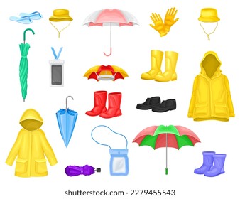 Rain Clothes and Accessories with Coat, Boots, Umbrella and Gloves Big Vector Set