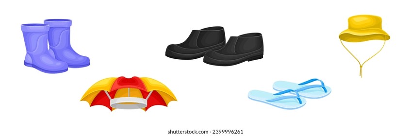 Rain Clothes and Accessories with Gumshoe, Rubber Boot, Hat, Flip Flop and Umbrella Vector Set