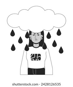 Rain cloud above middle eastern woman head black and white 2D line cartoon character. Sad young female isolated vector outline person. Emotional expression monochromatic flat spot illustration