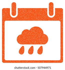 Rain Cloud Calendar Day grainy textured icon for overlay watermark stamps. Flat symbol with dirty texture. Dotted vector orange ink rubber seal stamp with grunge design on a white background.
