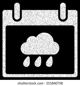 Rain Cloud Calendar Day grainy textured icon for overlay watermark stamps. Flat symbol with dirty texture. Dotted vector white ink rubber seal stamp with grunge design on a black background.