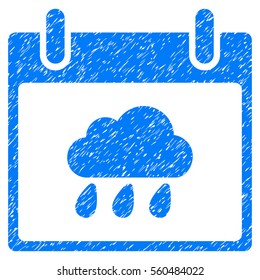 Rain Cloud Calendar Day grainy textured icon for overlay watermark stamps. Flat symbol with dirty texture. Dotted vector blue ink rubber seal stamp with grunge design on a white background.