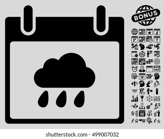 Rain Cloud Calendar Day icon with bonus calendar and time management symbols. Vector illustration style is flat iconic symbols, black, light gray background.