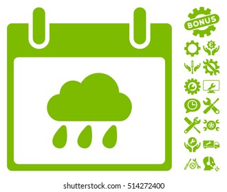 Rain Cloud Calendar Day icon with bonus settings design elements. Vector illustration style is flat iconic symbols, eco green, white background.